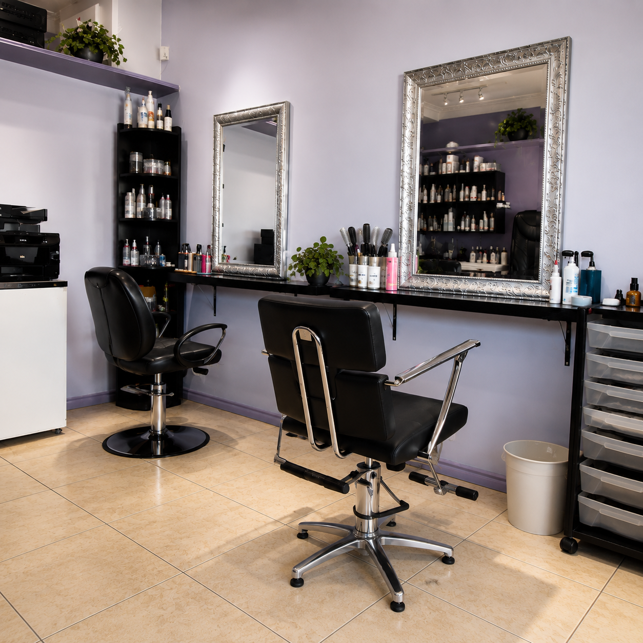 Styling station with silver mirrors at Europa Salon